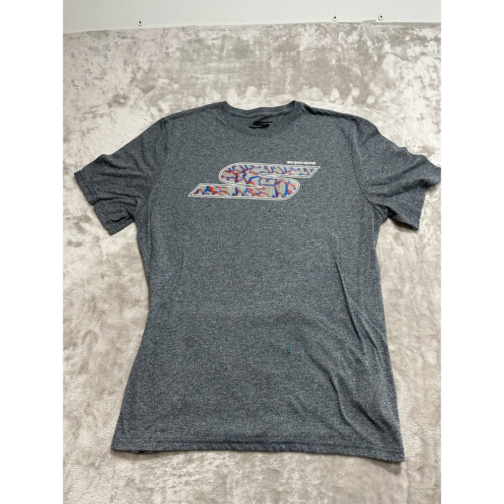 Skechers T-Shirt Mens Large Logo Heather Gray Short Sleeve Crew Neck EUC